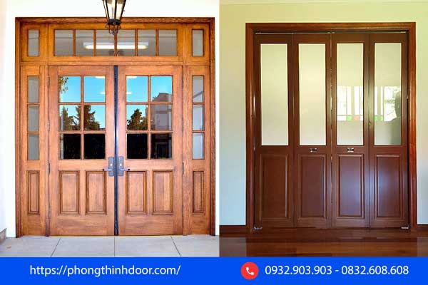 Mẫu cửa gỗ 4 cánh kính cường lực thông dụng