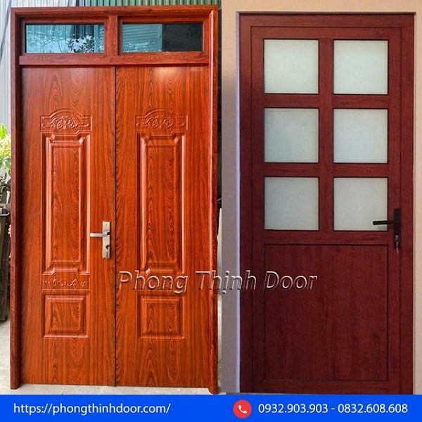 Cửa nhôm giả gỗ cao cấp liền tấm (Trái) và cửa nhôm giả gỗ ghép thanh profile loại thường (Phải)