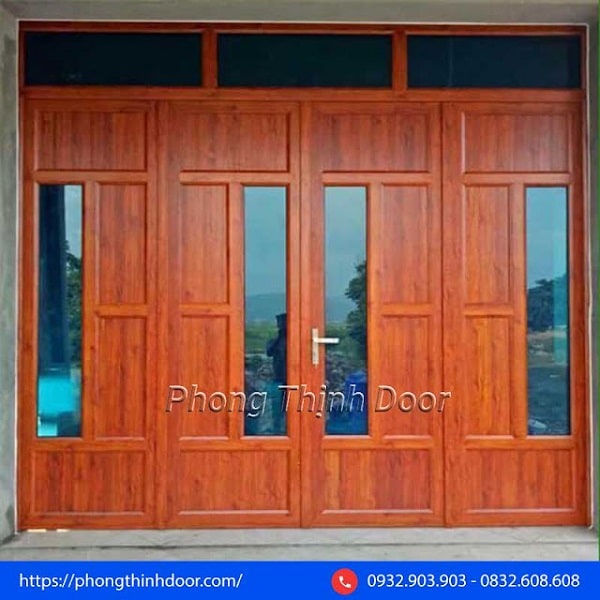 Mẫu cửa nhôm kính 4 cánh vân gỗ mặt tiền