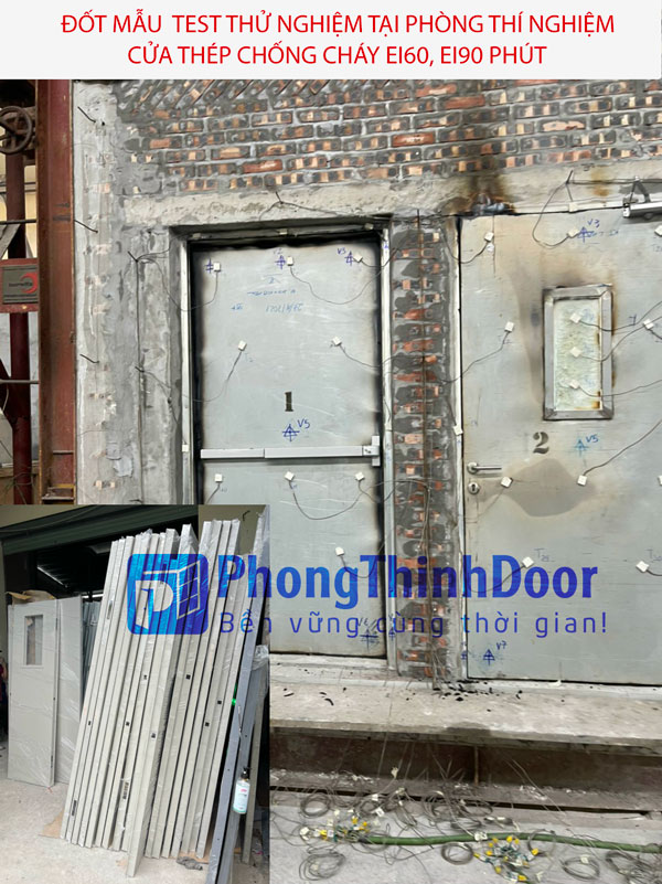 đốt test mẫu cửa thép chống cháy