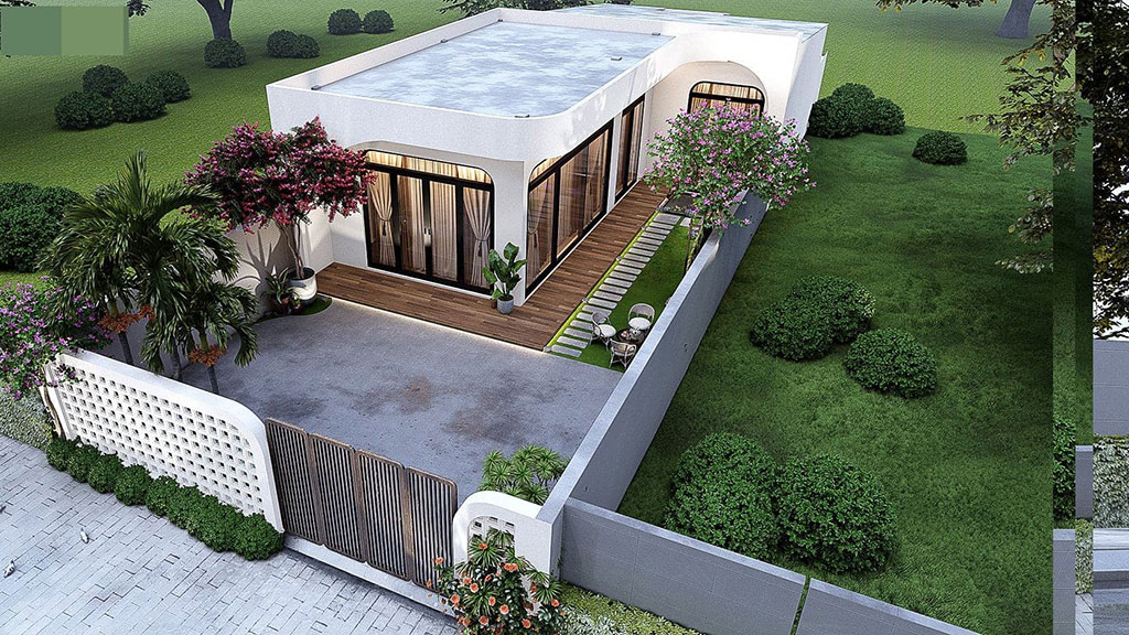 mẫu nhà cấp 4 chữ L giá 300 mái bằng