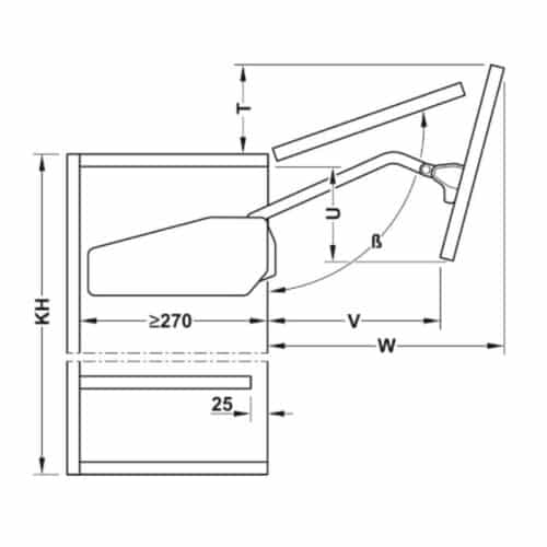 Bộ tay nâng FREE FOLD SHORT Hafele 493.05.730, xám 4 Kích thước bộ tay nâng Hafele 493.05.730
