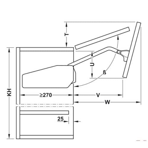 Bộ tay nâng FREE FOLD SHORT Hafele 493.05.898, trắng 6 Kích thước bộ tay nâng FREE FOLD SHORT Hafele 493.05.898, trắng