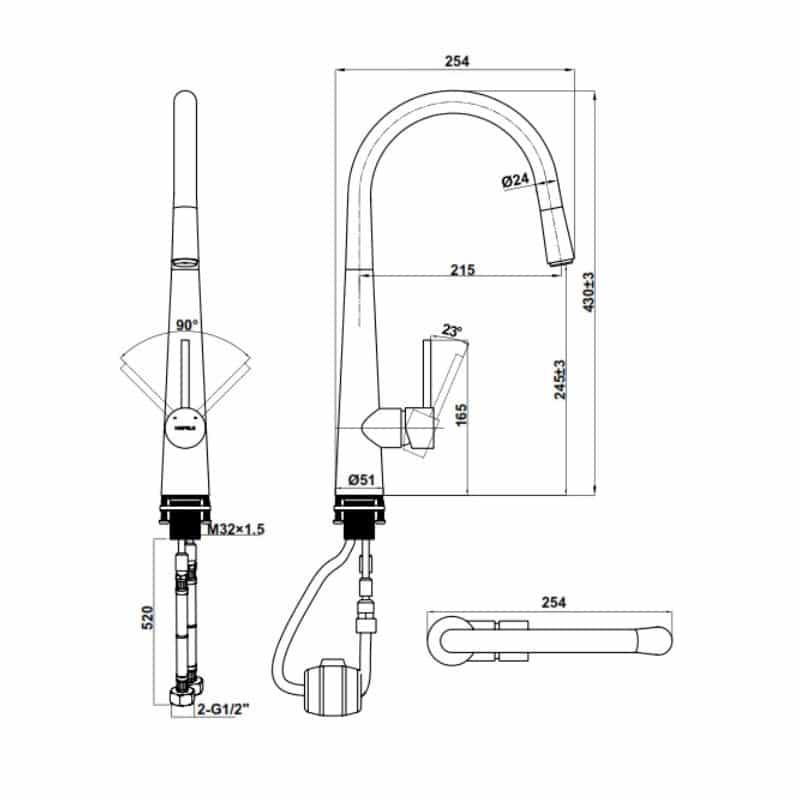 Kích thước Vòi rửa bát Hafele HT21-CH1P245 577.55.220 Vòi rửa bát Hafele HT21-CH1P245 577.55.220