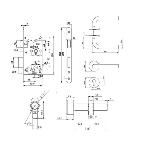 Kích thước bộ khóa cửa tay nắm chụp DIY Hafele 499.62.505