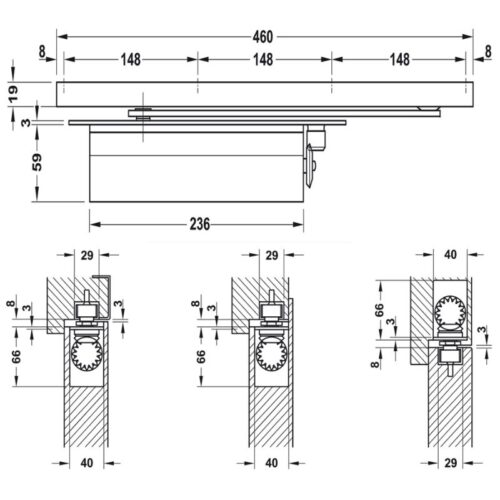 Thiết bị đóng cửa tự động lắp âm 130Kg Hafele 931.84.006 3 kich thuoc thiet bi dong cua tu dong lap am 130kg hafele 931 84 006