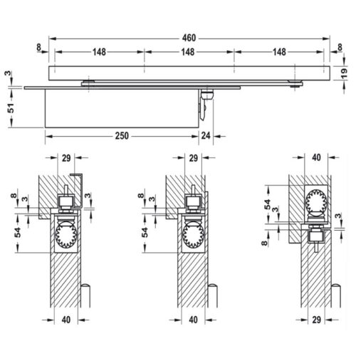 Thiết bị đóng cửa tự động lắp âm 150Kg Hafele 931.84.399 3 kich thuoc thiet bi dong cua tu dong lap am 150kg hafele 931 84 399