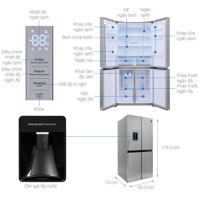 Kích thước tủ lạnh 4 cánh side by side 488 lít Samsung RF48A4010M9/SV Kích thước tủ lạnh 4 cánh side by side 488 lít Samsung RF48A4010M9/SV