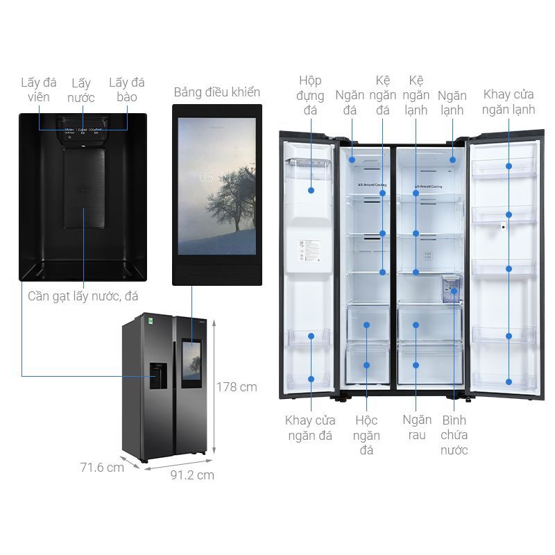 Kích thước tủ lạnh 2 cánh side by side 616 lít Samsung Family Hub RS64T5F01B4/SV Kích thước tủ lạnh 2 cánh side by side 616 lít Samsung Family Hub RS64T5F01B4/SV