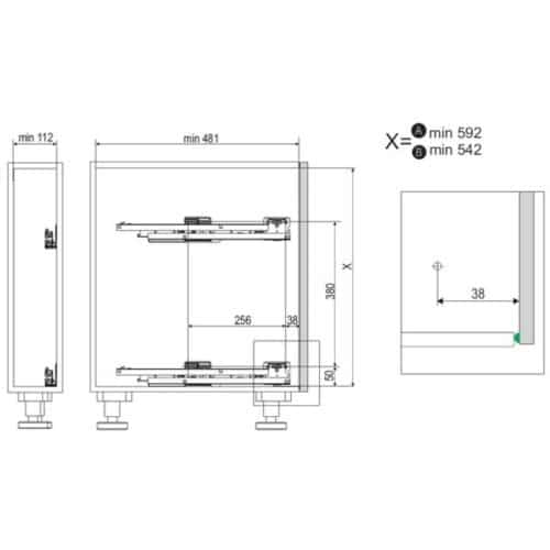 Kích thước bộ rổ kéo cho tủ bếp dưới Hafele 549.24.620