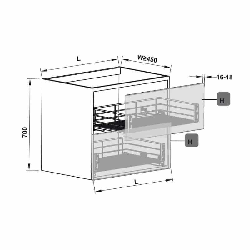 Kích thước bộ rổ kéo gắn với cánh Hafele 549.03.144 cho tủ rộng 600mm Kích thước bộ rổ kéo gắn với cánh Hafele 549.03.144 cho tủ rộng 600mm
