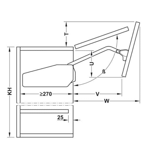 Bộ tay nâng FREE FOLD SHORT Hafele 493.05.738, xám 5 Kích thước bộ tay nâng FREE FOLD SHORT Hafele 493.05.738, xám