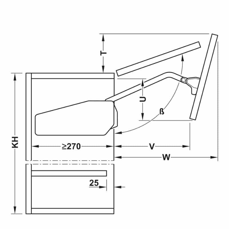 Kích thước bộ tay nâng FREE FOLD SHORT Hafele 493.05.738, xám Kích thước bộ tay nâng FREE FOLD SHORT Hafele 493.05.738, xám