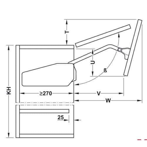 Bộ tay nâng FREE FOLD SHORT Hafele 493.05.741, xám 6 Kích thước bộ tay nâng FREE FOLD SHORT Hafele 493.05.741, xám