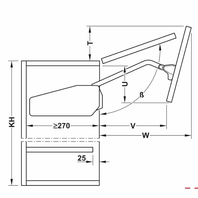 Kích thước bộ tay nâng FREE FOLD SHORT Hafele 493.05.741, xám Kích thước bộ tay nâng FREE FOLD SHORT Hafele 493.05.741, xám