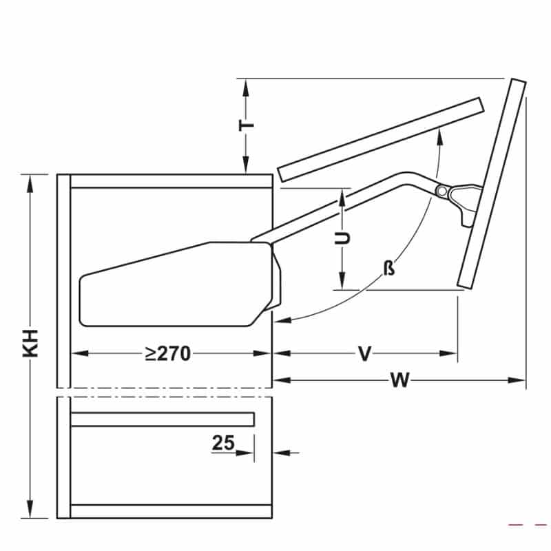 Kích thước bộ tay nâng FREE FOLD SHORT Hafele 493.05.899, trắng Kích thước bộ tay nâng FREE FOLD SHORT Hafele 493.05.899, trắng