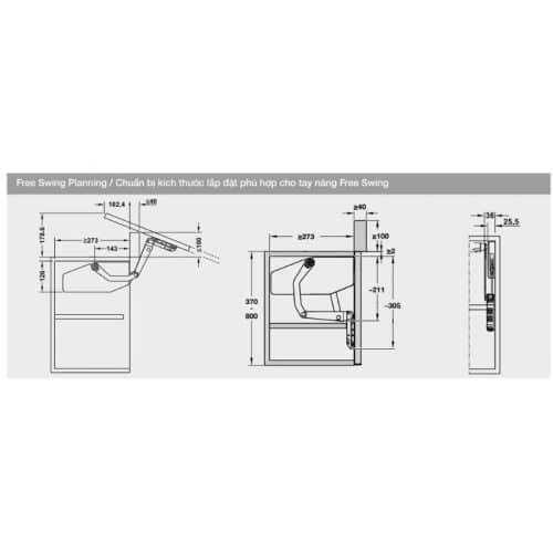 Bộ tay nâng FREE SWING Hafele 493.05.763, trắng 4 Kích thước bộ tay nâng FREE SWING Hafele 493.05.763, trắng