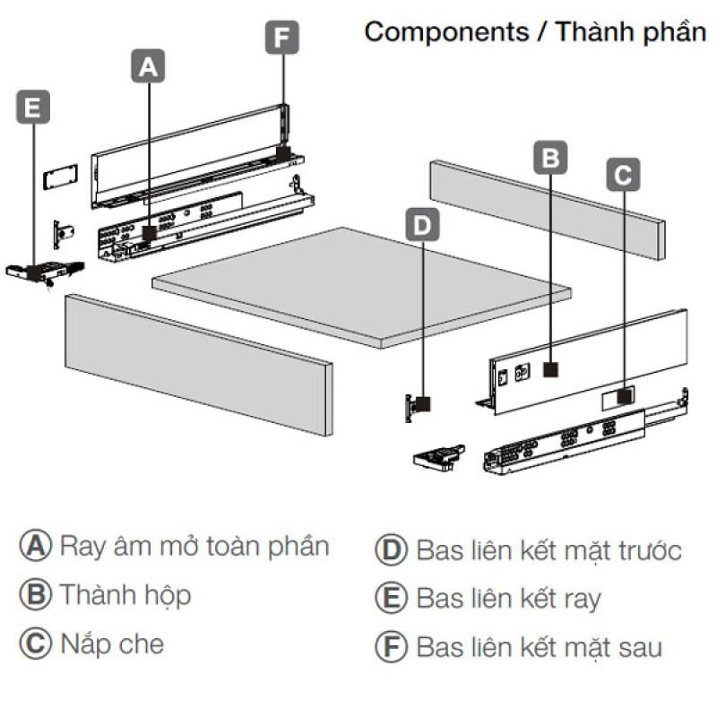 Cấu tạo ray hộp Hafele 552.55.716 Alto-S H80 mm màu trắng mờ Cấu tạo ray hộp Hafele 552.55.716 Alto-S H80 mm màu trắng mờ