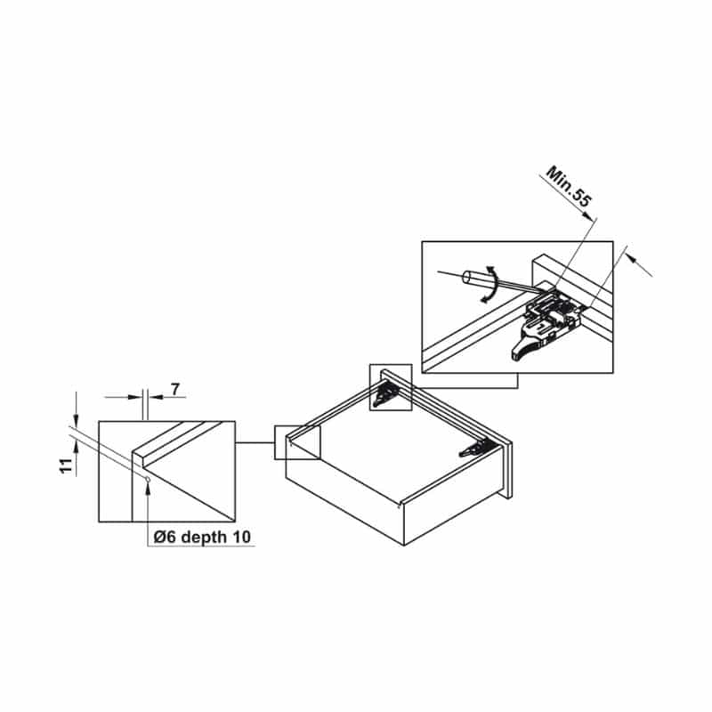 Kích thước ray âm giảm chấn EPC EVO mở 3/4 550mm Hafele 433.32.506 Kích thước ray âm giảm chấn EPC EVO mở 3/4 550mm Hafele 433.32.506