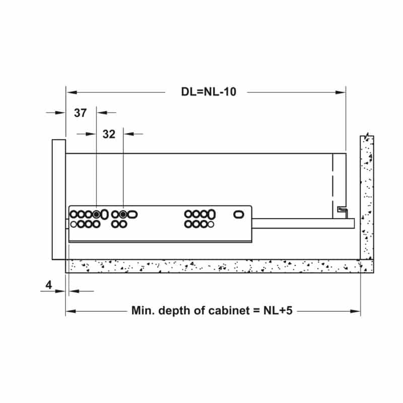 Kích thước ray âm giảm chấn EPC EVO mở 3/4 550mm Hafele 433.32.506 Kích thước ray âm giảm chấn EPC EVO mở 3/4 550mm Hafele 433.32.506