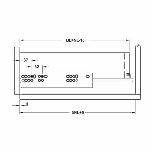 Ray âm nhấn mở EPC EVO mở toàn phần 500mm Hafele 433.32.175 5 Kích thước ray âm nhấn mở EPC EVO mở toàn phần 500mm Hafele 433.32.175