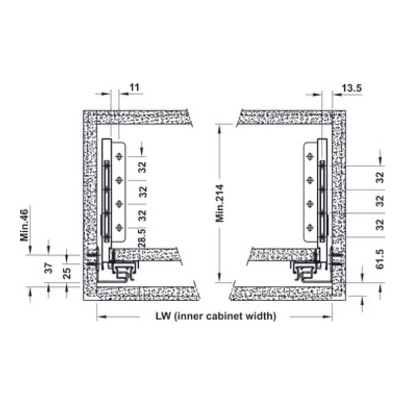 Kích thước ray hộp Alto-S chiều cao 170mm Hafele 552.35.785 Kích thước ray hộp Alto-S chiều cao 170mm Hafele 552.35.785