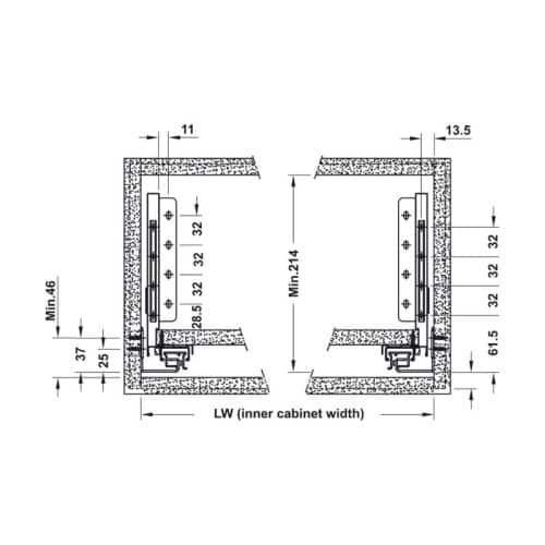 Ray hộp Alto-S chiều cao 170mm với thanh vuông Hafele 552.55.322 3 Kích thước ray hộp Alto-S chiều cao 170mm với thanh vuông Hafele 552.55.322
