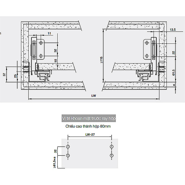Kích thước ray hộp Hafele 552.55.716 Alto-S H80 mm màu trắng mờ Kích thước ray hộp Hafele 552.55.716 Alto-S H80 mm màu trắng mờ