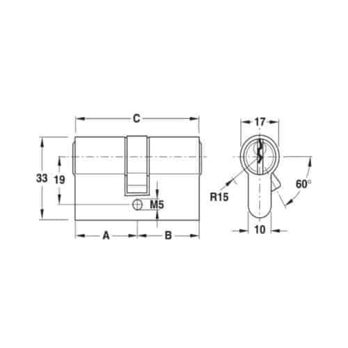 Ruột khóa 2 đầu Hafele 916.00.007, 63mm Đồng thau 5 Kích thước Ruột khóa 2 đầu Hafele 916.00.007, 63mm Đồng thau
