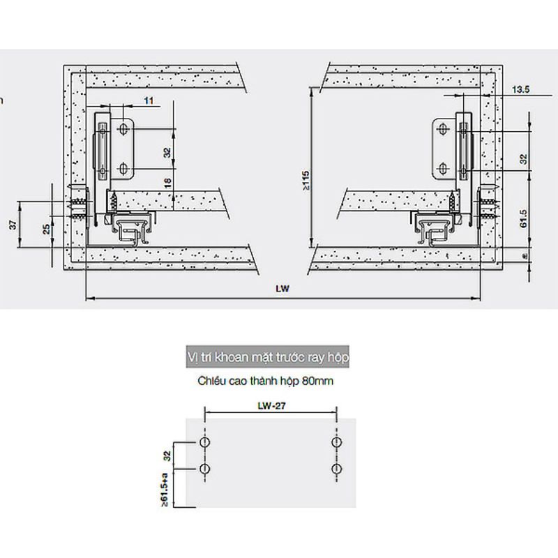 Lắp đặt ray hộp Hafele 552.55.716 Alto-S H80 mm màu trắng mờ Lắp đặt ray hộp Hafele 552.55.716 Alto-S H80 mm màu trắng mờ