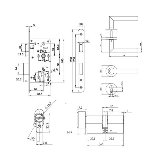 Bộ khóa cửa tay nắm chụp DIY Hafele 499.62.504 3 Kích thước bộ khóa cửa tay nắm chụp DIY Hafele 499.62.504