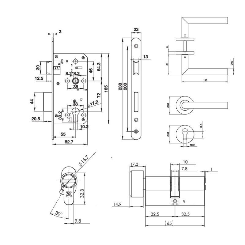 Kích thước bộ khóa tay nắm cửa vệ sinh Hafele 489.10.660 Kích thước bộ khóa tay nắm cửa vệ sinh Hafele 489.10.660