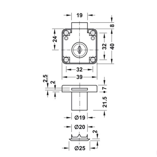 Khóa vuông Econo cửa dày 22mm Hafele 232.01.220 3 Kích thước khóa vuông Econo cửa dày 22mm Hafele 232.01.220