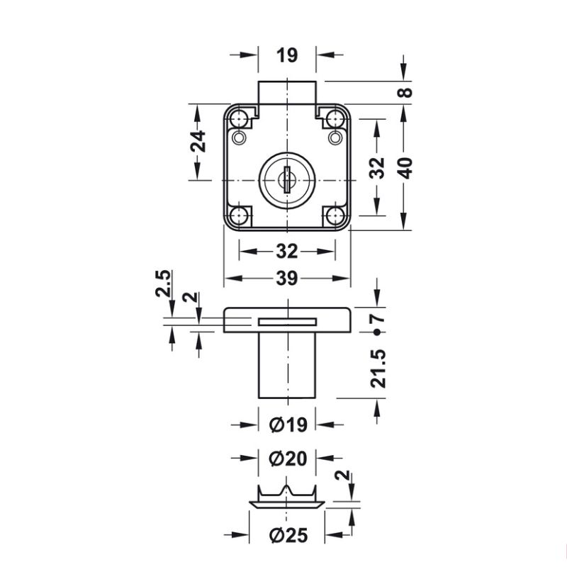 Kích thước khóa vuông Econo cửa dày 22mm Hafele 232.01.220 Kích thước khóa vuông Econo cửa dày 22mm Hafele 232.01.220
