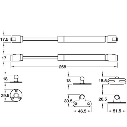 Kích thước Pittong đẩy cánh tủ 120N Hafele 373.82.909