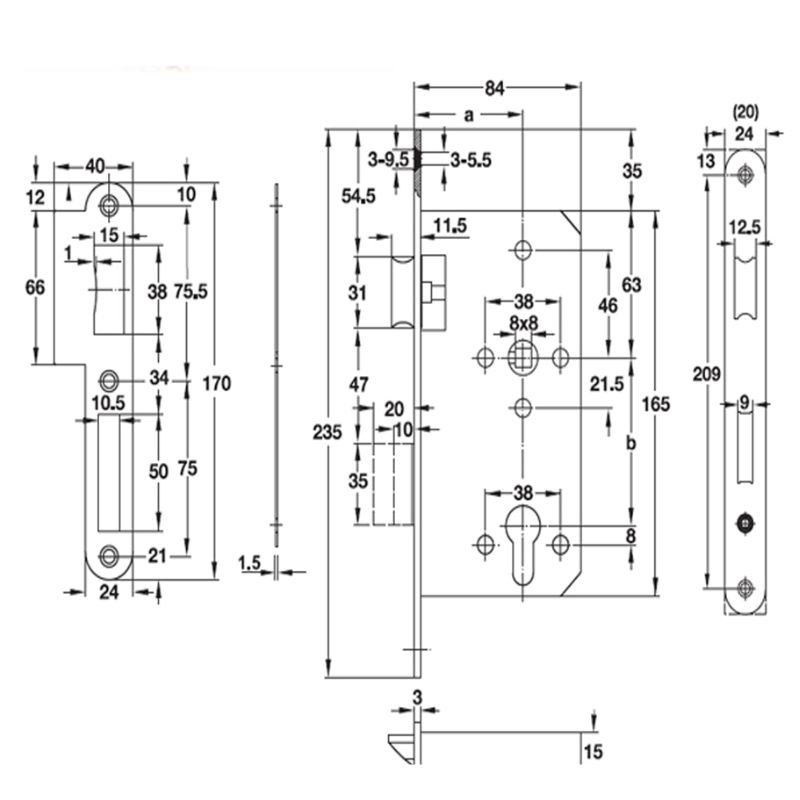Kích thước thân khóa lưỡi gà & chốt chết E55/72A Hafele 911.02.153 Kích thước thân khóa lưỡi gà & chốt chết E55/72A Hafele 911.02.153