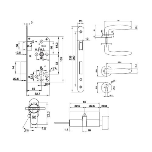 Bộ khóa tay nắm nắp chụp Hafele 499.63.801 3 Kích thước bộ khóa tay nắm nắp chụp Hafele 499.63.801