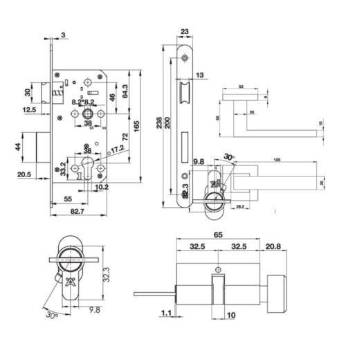 Bộ khóa tay nắm nắp chụp Hafele 499.63.803 2 Kích thước bộ khóa tay nắm nắp chụp Hafele 499.63.803