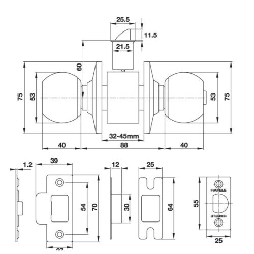 Bộ khóa tay nắm tròn cửa WC Hafele 489.93.135 3 Kích thước bộ khóa tay nắm tròn cửa WC Hafele 489.93.135