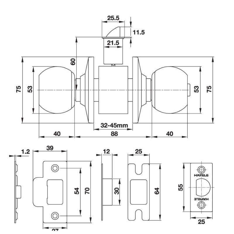 Kích thước bộ khóa tay nắm tròn cửa WC Hafele 489.93.135 Kích thước bộ khóa tay nắm tròn cửa WC Hafele 489.93.135