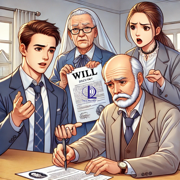DALL·E 2024 10 25 16.22.40 A scene showing a family dispute over a will. In the foreground an elderly man has passed away and his son is holding a will document with a confide