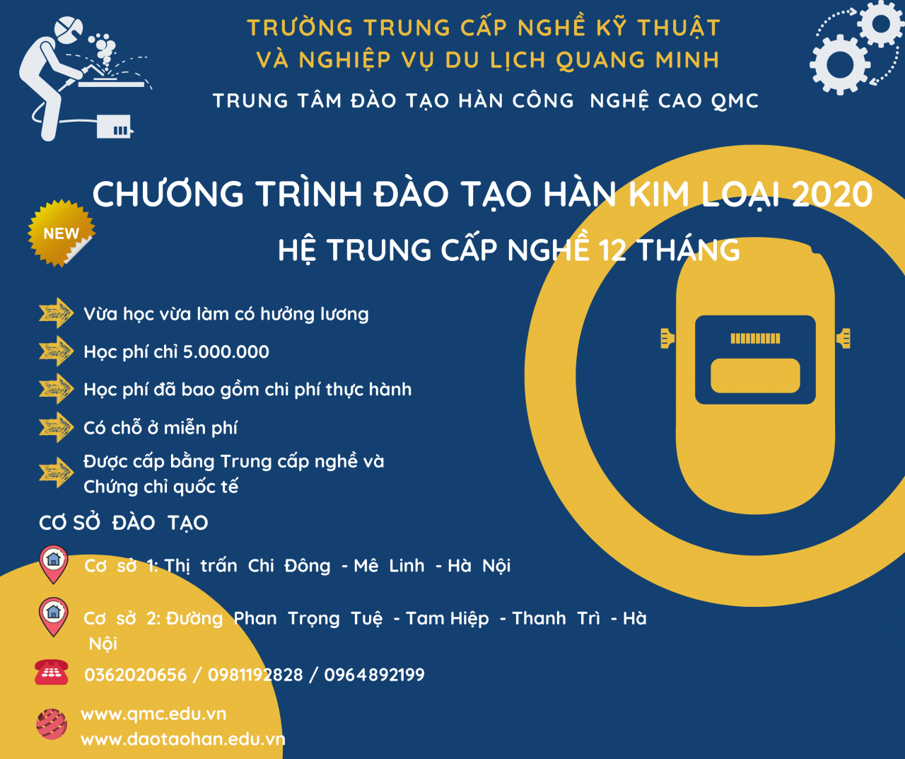 THÔNG BÁO TUYỂN SINH TRUNG CẤP 12 THÁNG, HỌC NGHỀ CÓ LƯƠNG, HỌC PHÍ ƯU ĐÃI 1 QMC 2020 TC Han 12 thang1