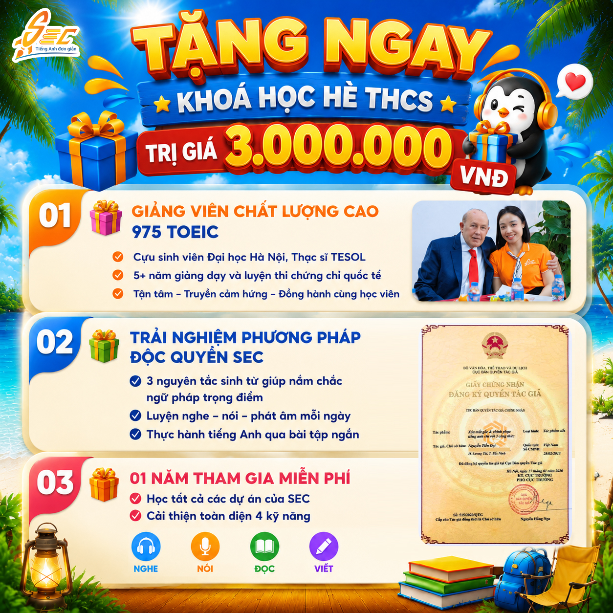 CHÀO HÈ RỰC RỠ, ƯU ĐÃI HẾT CỠ - CÙNG SEC CHINH PHỤC TIẾNG ANH mùa hè 2026 4 SKT6 TANG NGAY KHOA HOC HE