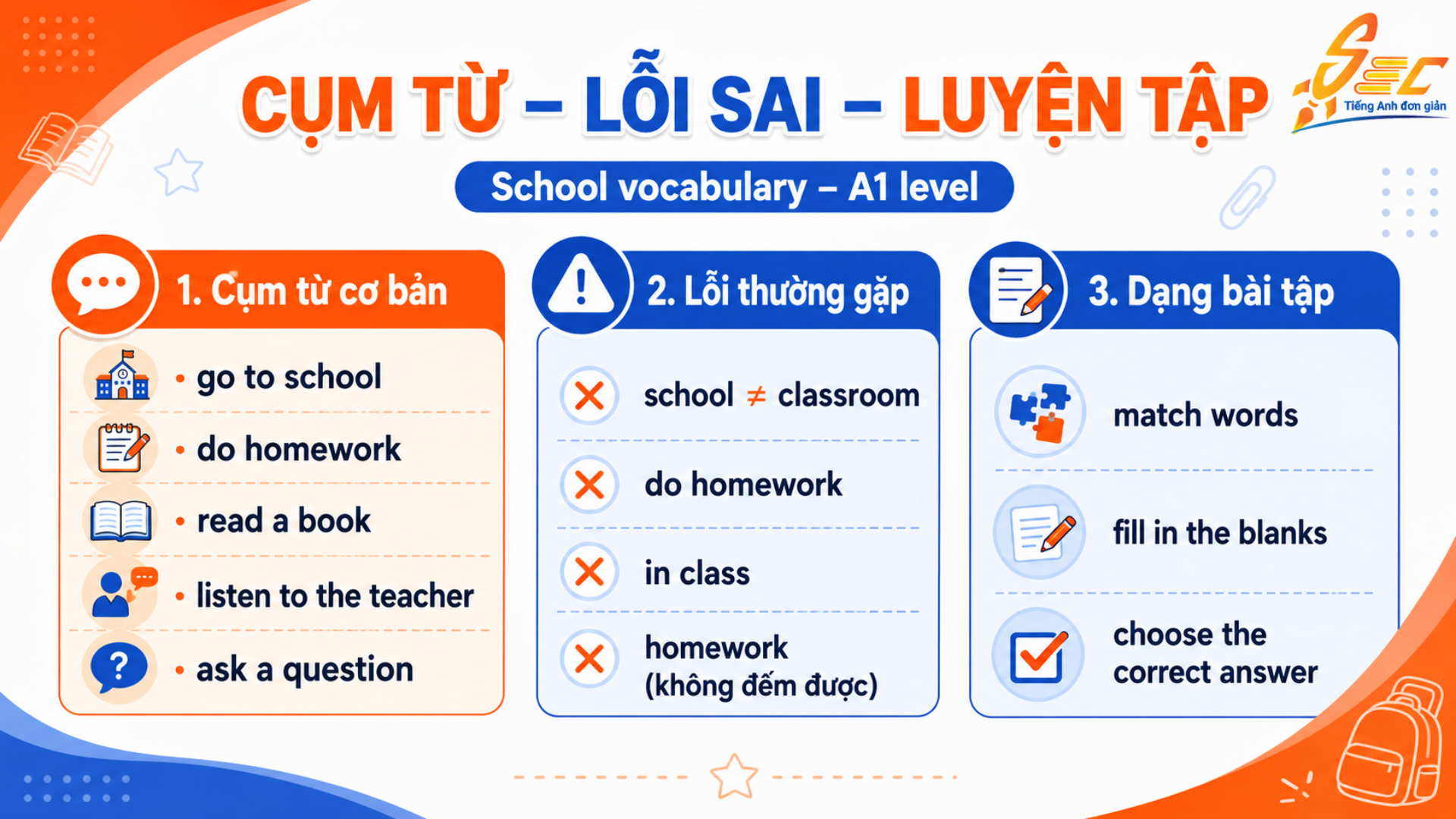 Từ vựng School A1: học từ vựng trường học cơ bản, dễ nhớ, dễ dùng 6 27 4