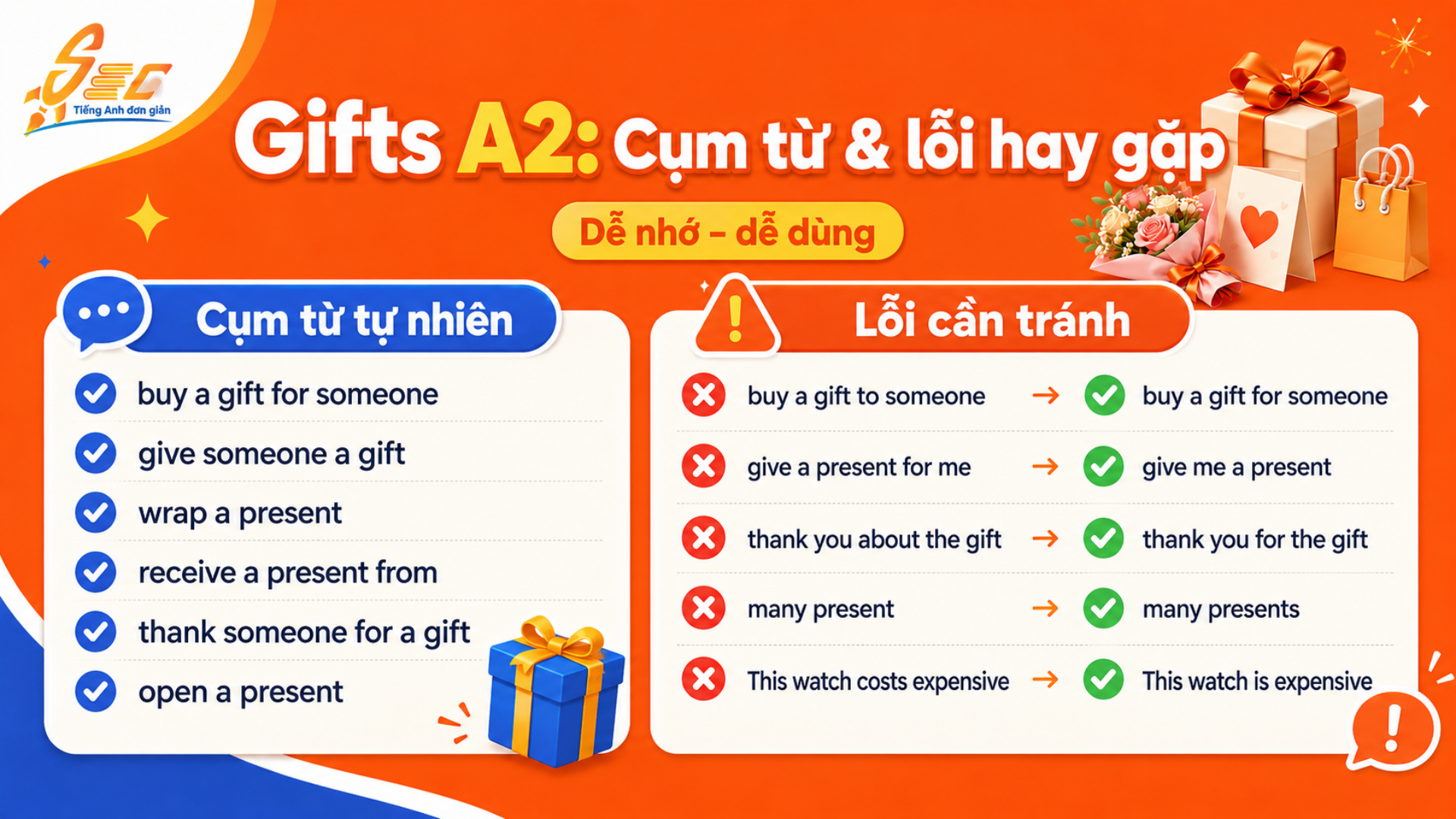 Từ vựng Gifts A2: 45 từ, cụm từ và bài tập giúp giao tiếp tự nhiên 6 3 15