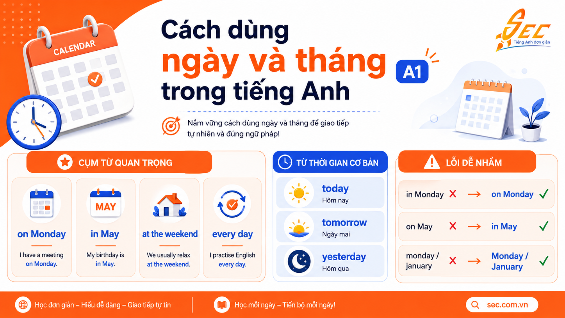 Từ vựng Days and months A1: Học ngày, tháng và cách nói lịch hẹn cơ bản 6 Collocations và cụm từ tự nhiên chủ đề Days and months