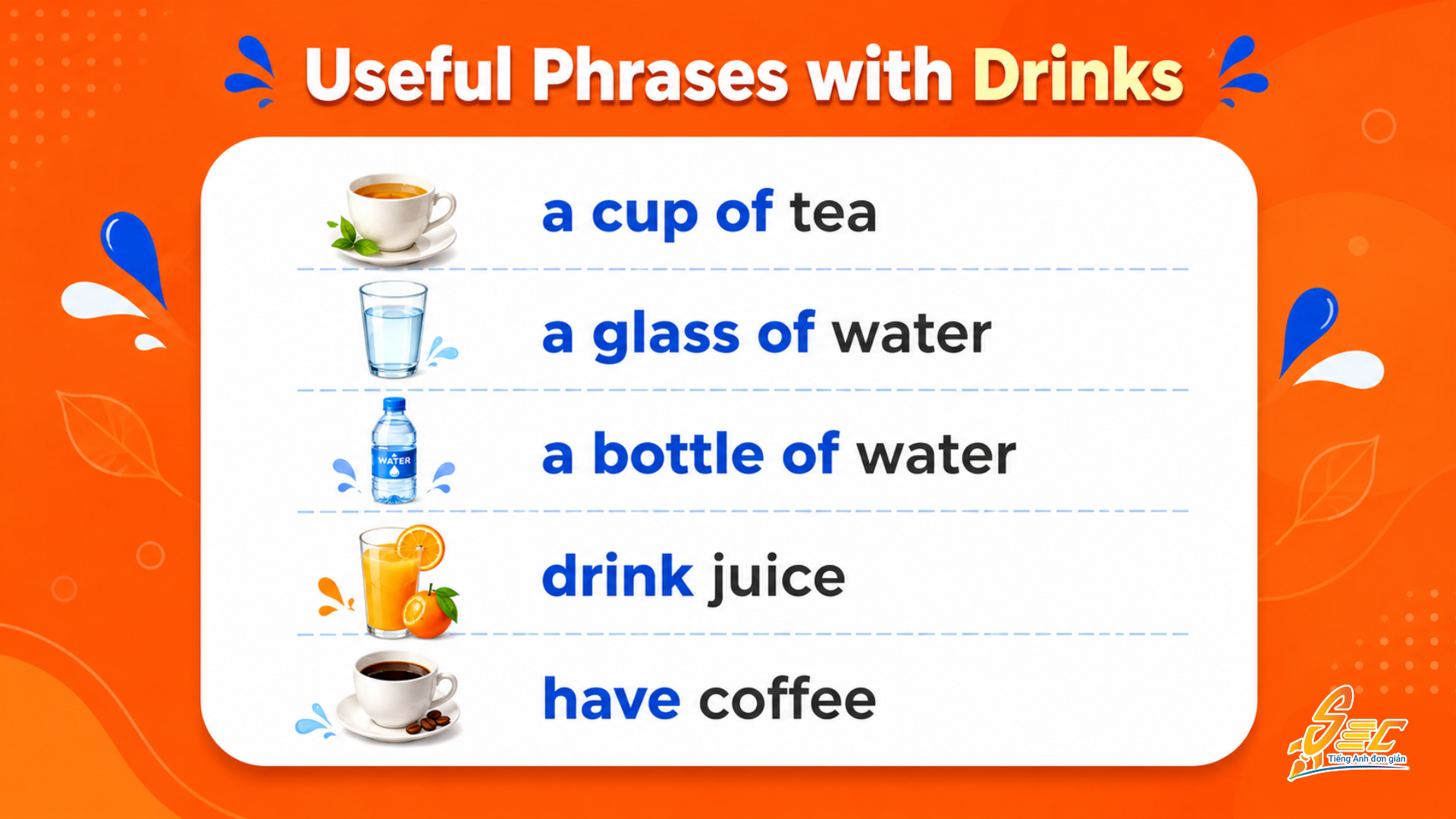 Từ vựng Drinks A1: Học tên đồ uống tiếng Anh cơ bản và dùng được ngay 6 Collocations và cụm từ tự nhiên chủ đề Drinks