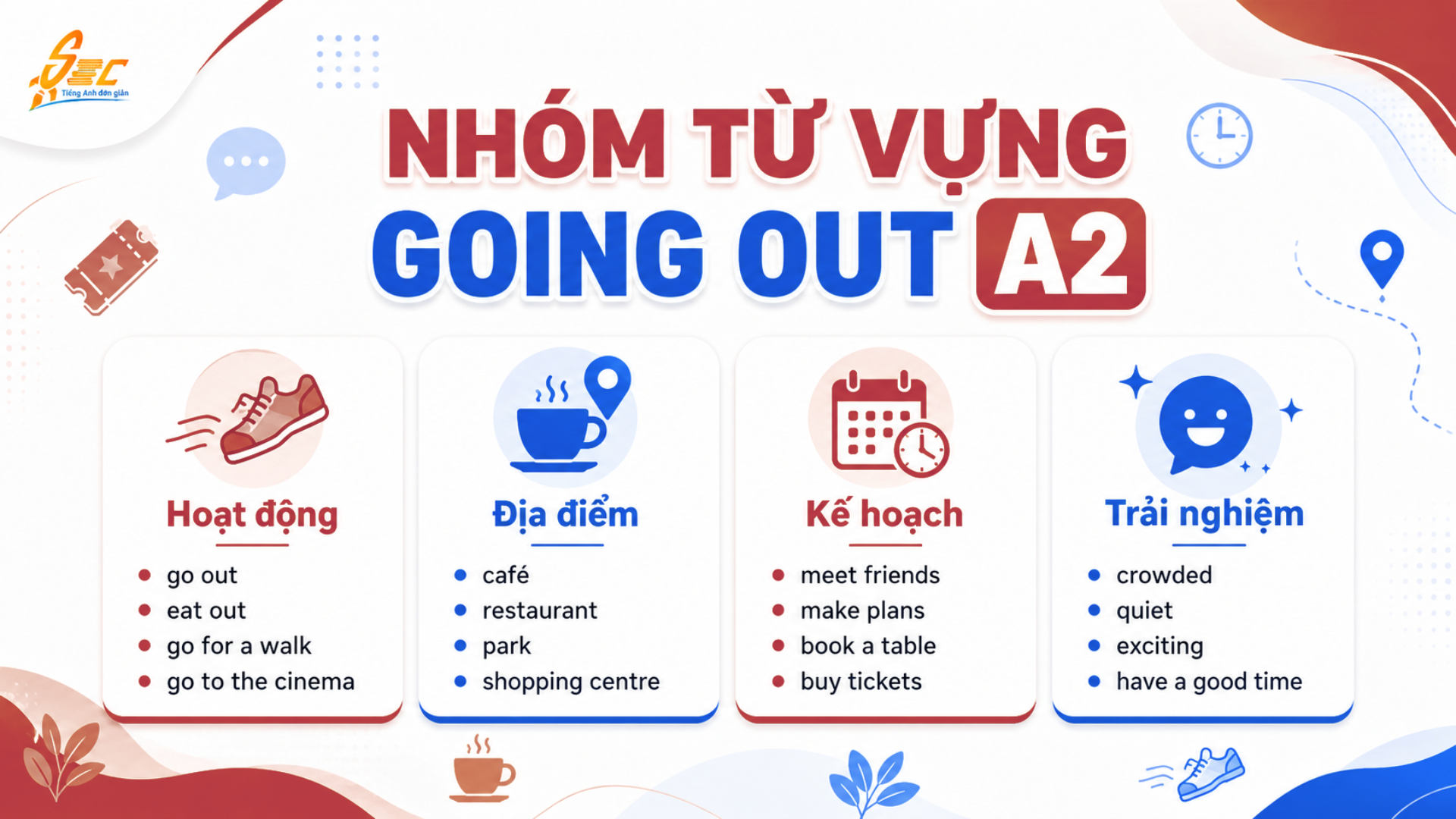 Từ vựng Going out A2: 40 từ và cụm từ giúp giao tiếp tự nhiên
