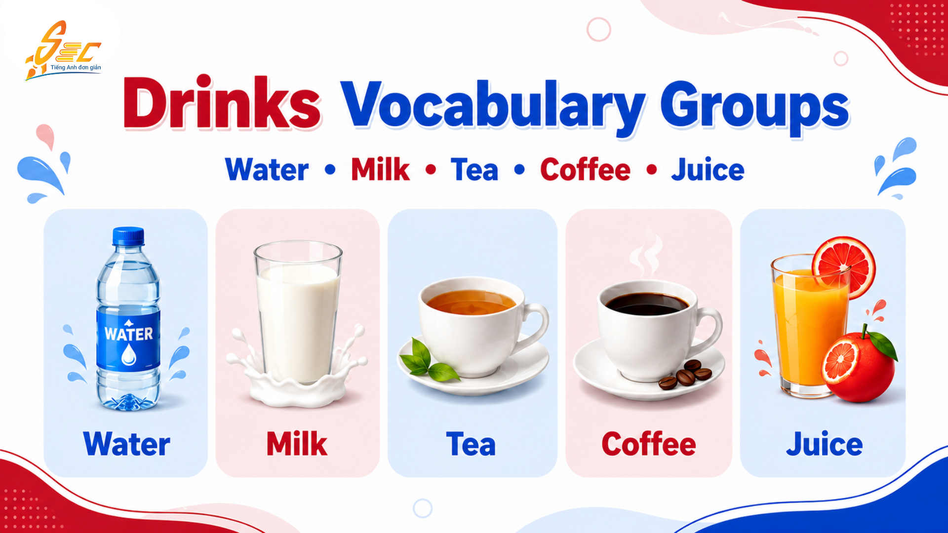 Từ vựng Drinks A1: Học tên đồ uống tiếng Anh cơ bản và dùng được ngay Các nhóm từ vựng quan trọng trong chủ đề Drinks