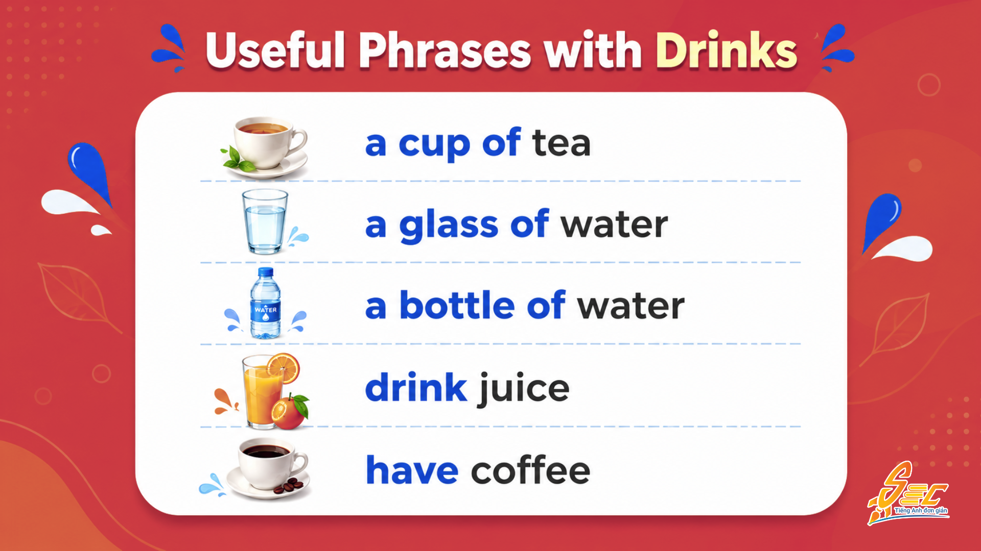 Từ vựng Drinks A1: Học tên đồ uống tiếng Anh cơ bản và dùng được ngay Collocations và cụm từ tự nhiên chủ đề Drinks